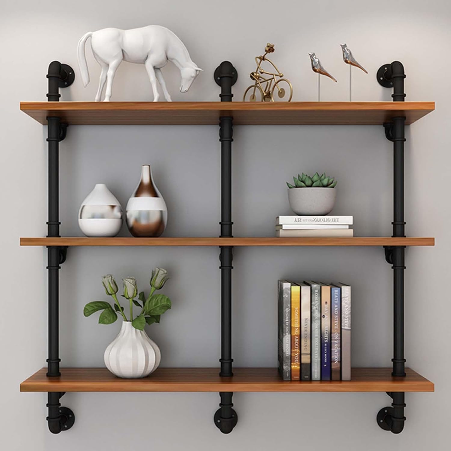 Industrial Pipe Wall Mounted Shelf with Large Storage 3 Tiers Plant Stand and Wooden Bookshelf Display Unit for Home Décor Ideal for Bedroom Living Room and Bathroom 120X25X10,100x25x65cm