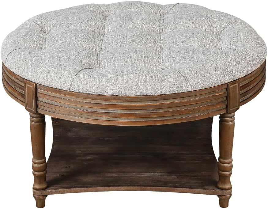 Large Round WaterProof Ottoman Coffee Table 2 Tier Oversized Button Tufted Ottoman with Wooden Shelf Storage Farmhouse Upholstered Coffee Table Living Room Footstool Ottoman Linen(Light Gray)