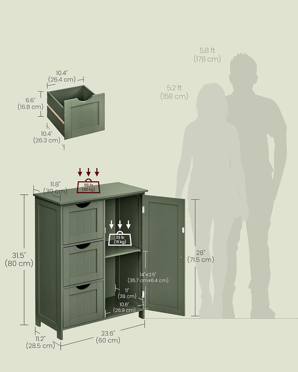 VASAGLE Bathroom Floor Storage Cabinet, 3 Drawers, Forest Green
