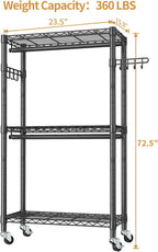 Heavy Duty Clothes Rack Rolling Garment Rack,3 Tier Adjustable Wire Shelving Clothing Racks for Hanging Clothes with Double Rods&Side Hooks,Freestanding Wardrobe Storage Rack Metal Portable Closet
