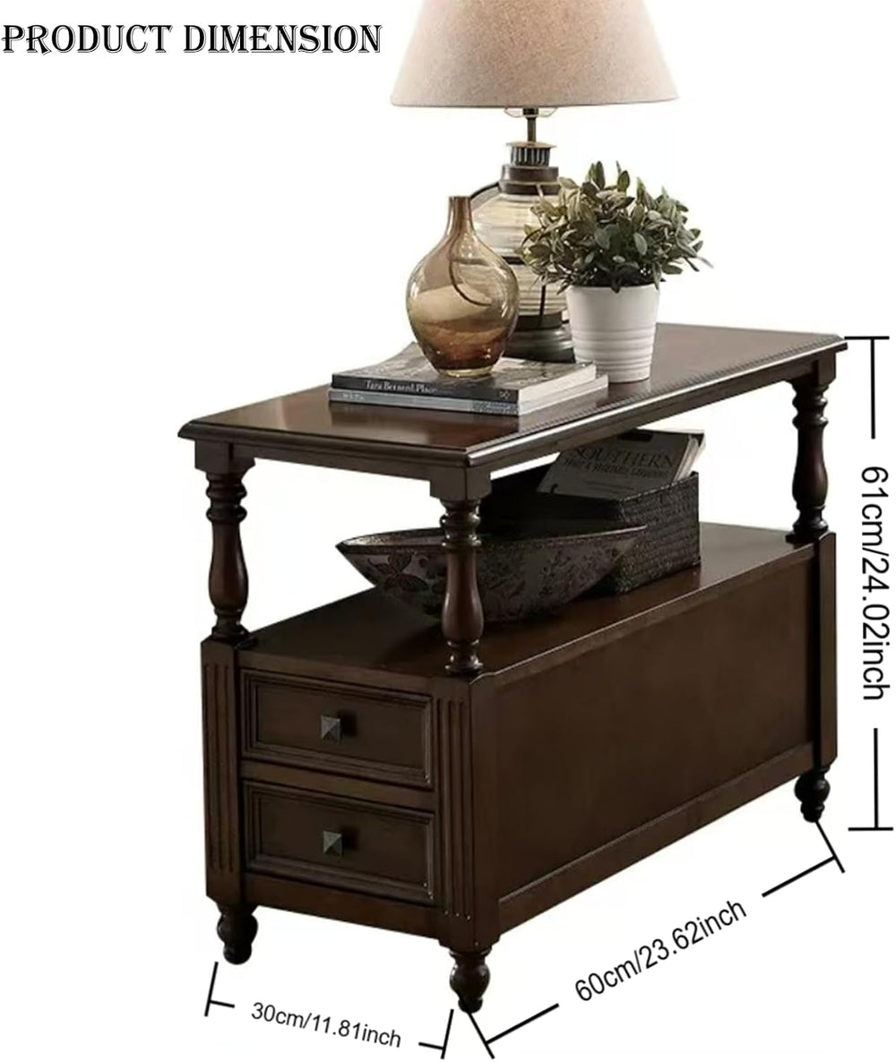 YUNMUARY-Solid Wood End Table with 2 Drawer Mid-Century Nightstand Narrow Sid...