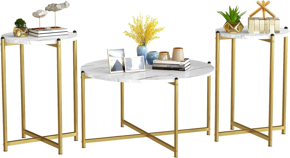 Lamerge Round Coffee Table Set of 3, Faux Marble Table Set with Living Room T...
