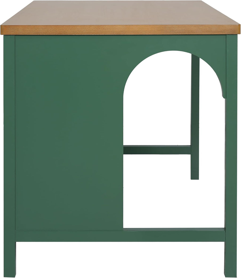 Christopher Knight Home Elle 56" Kitchen Island with Open Storage, Farmhouse Rubberwood Kitchen Island Table with Arch Detail, Storage Cabinet with 3 Open Shelves, Kitchen Prep Table, Green+Natural