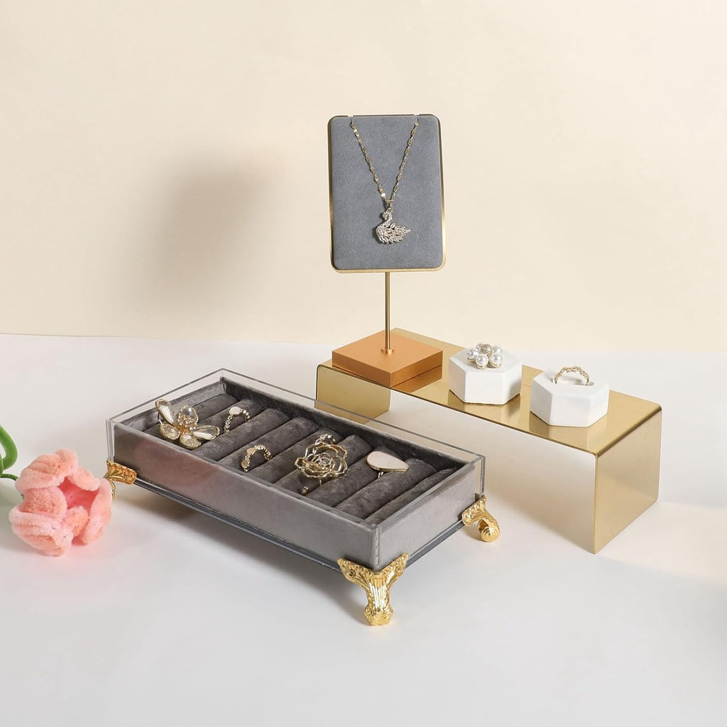 GemeShou Grey velvet necklace display stands for selling, small metal jewelry organizer necklaces storage for show【Grey】