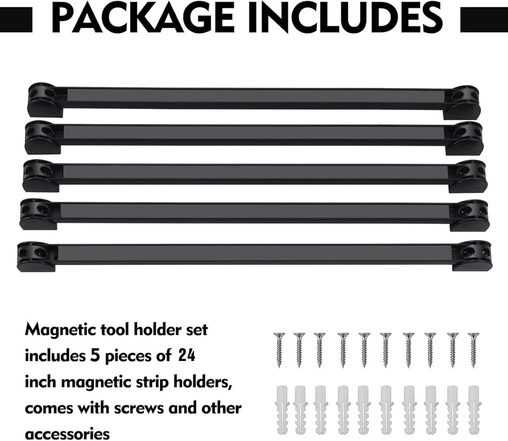 24" Magnetic Tool Holder, 5 Packs Magnetic Storage Strips Magnet Bar PVC Coated for Garage Tool Organizer Mounted Hanging Strip,Heavy Duty of Holder Easy to Install