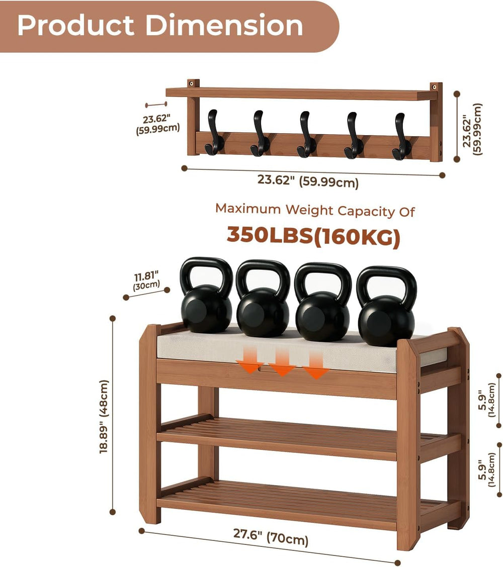 27.6" Bamboo Shoe Bench with Cushion, 5 Hooks Coat Rack, 2-Tier Storage ...