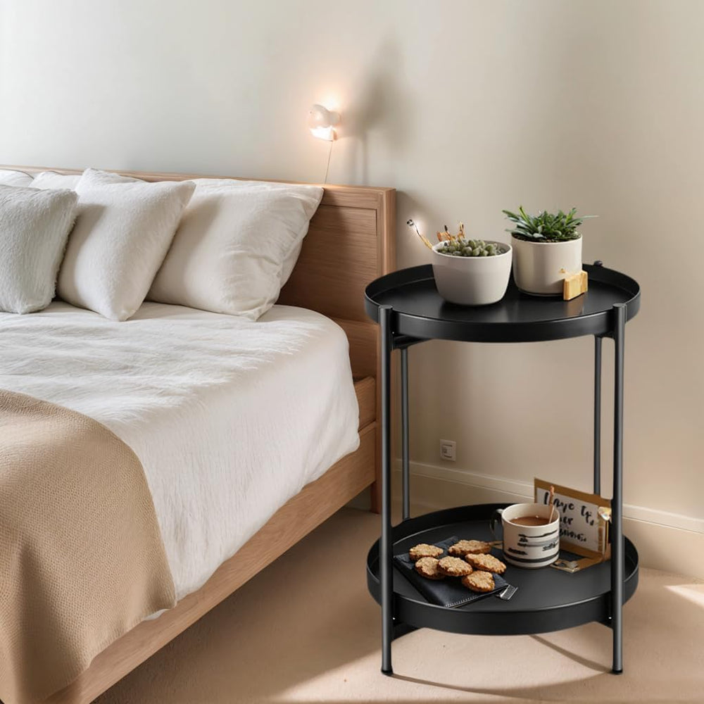 Foldable 2-Tier Round Side Table, Metal End Table with Storage for Indoor Out...