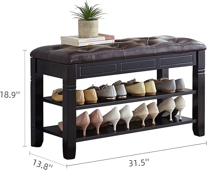 Shoe Storage Bench, Entryway Shoe Rack with Fiberleather Seat 2-Tier Lift Top...
