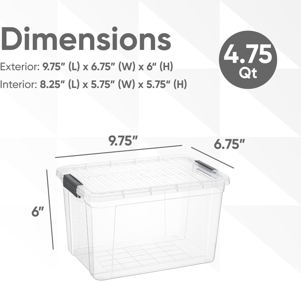 Superio Clear Storage Boxes with Lids, 4.75 Quart Plastic Container Bins for Organizing, Stackable Crates, BPA Free, Non Toxic, Odor Free, Organizers for Home, Office and Dorm, 6 Pack