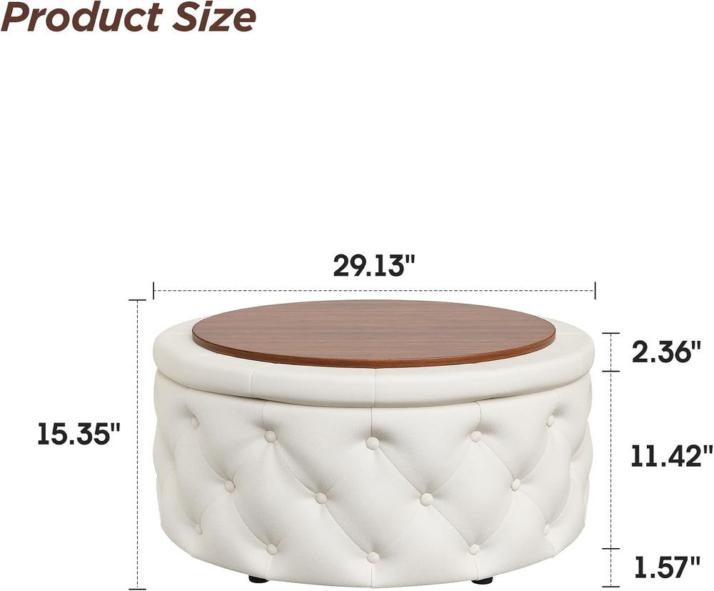 FiveWillowise 30 Inch Round Ottoman with Storage Tray,Large Coffee Table | Ci...