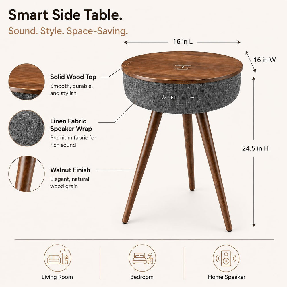 Smart Side Table with Wireless Charger, Modern Smart End Table with Speaker, ...