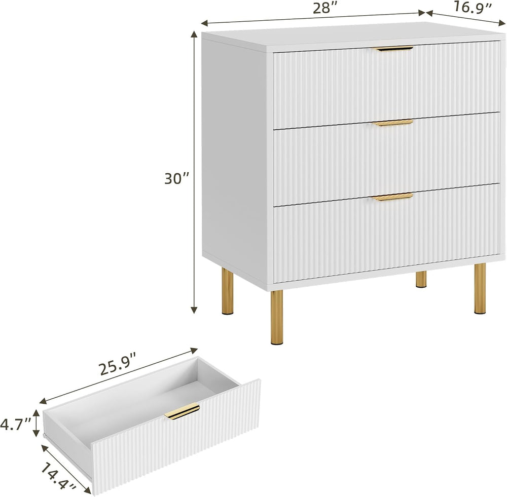 IDEALHOUSE Modern White 3 Drawer Dresser for Bedroom with Gold Handles