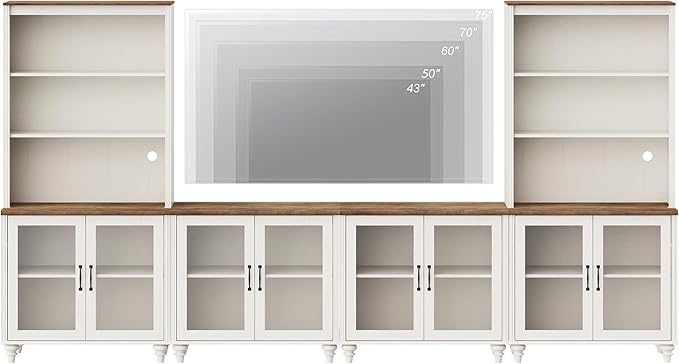 WAMPAT Entertainment Center with Bookshelves for TVs up to 75", Farmhouse Wall Unit TV Stand with Glass Doors, Media Console Table for Living Room, Bedroom & Home Theater, White