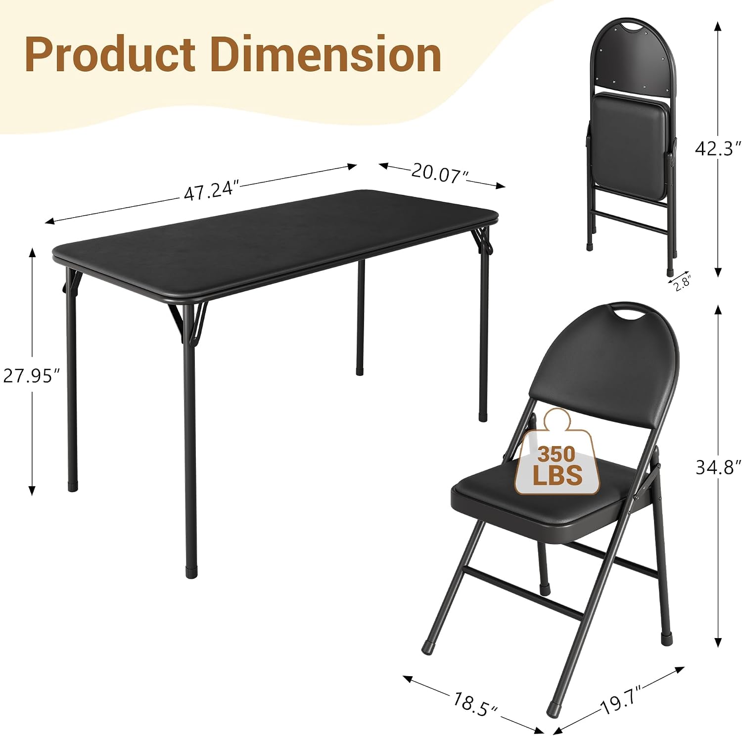 coucheta 5-Piece Rectangle Folding Table and Chairs Set, Foldable Portable Card Table and Chairs, Scratch & Stain Resistant Tabletop, for Dining Room, Living Room, Office, Camping, Gatherings, Black