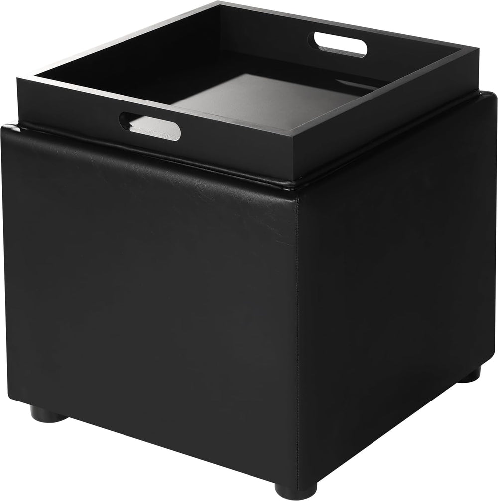 Adeco 17" Black Storage Ottoman Cube with Tray Lid, Small Footstool with...