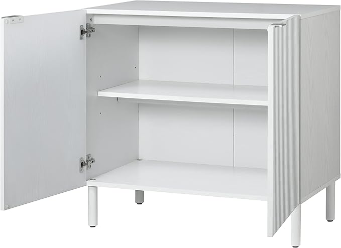 Sango Merk 2-Door Cabinet, Modern White Storage Cabinet with Vertical Groove Doors, Adjustable Shelf, Cylindrical Wood Legs, Discreet Metal Finger Pulls, Stylish Furniture for Living or Dining Room