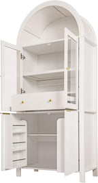 71" Tall Arched Cabinet, Modern Farmhouse Kitchen Storage Cabinet with Adjustable Shelves, Display Storage Hutch with Hidden Drawer & Glass Door for Kitchen, Living Room, Dining Room, White