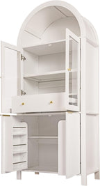 Fluted Tall Arched Pantry Cabinet with Adjustable Shelves & Hidden Drawer - Glass Door Storage for Kitchen, Living Room, Dining Room - Modern Elegant Display Unit (White)