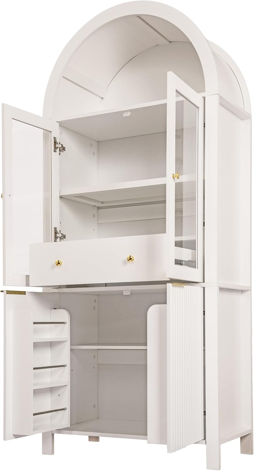 71" Fluted Tall Arched Kitchen Pantry Cabinet with Glass Doors, Farmhous...