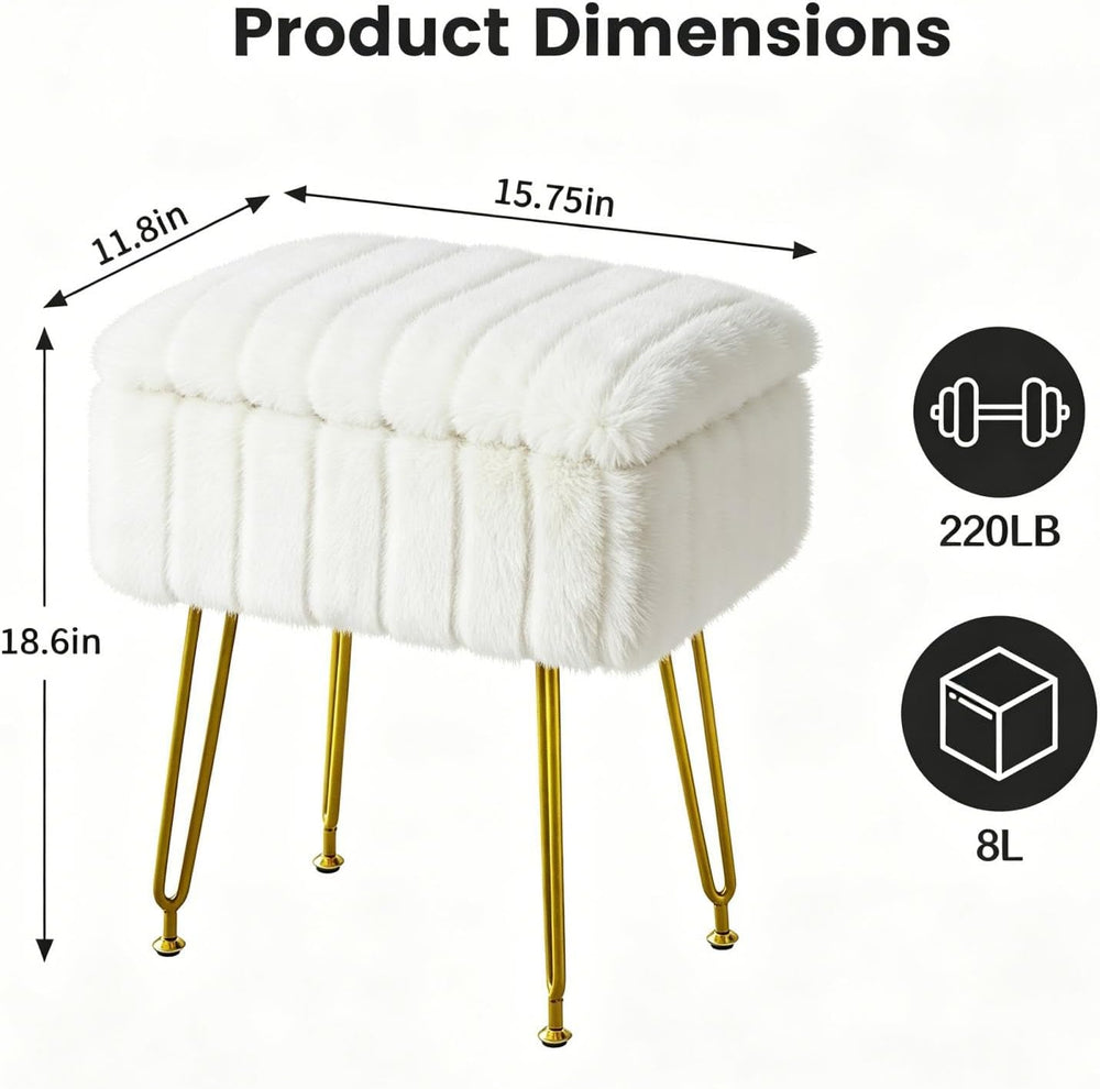 FUXA Vanity Stool Chair with Storage, Faux Fur and Metal Legs, White | Soft P...