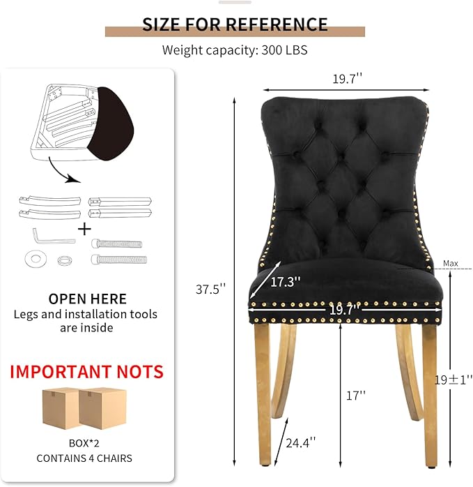 Mid Century Modern Dining Chairs Set of 4, Black Velvet Upholstered Tufted Back, Kitchen & Dining Room Chairs, Gold Metal Legs, Nailhead Trim, Sillas para Comedor (Black, 4 Pcs)