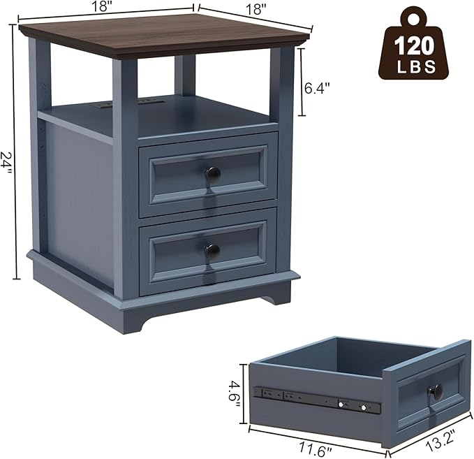 End Table with Fast USB C Charging Station, 18" Wide Tall Sofa Side Table with 2 Drawers, Large Storage Rustic Wood Square Storage Cabinet for Living Room,Bedroom,Office, Blue