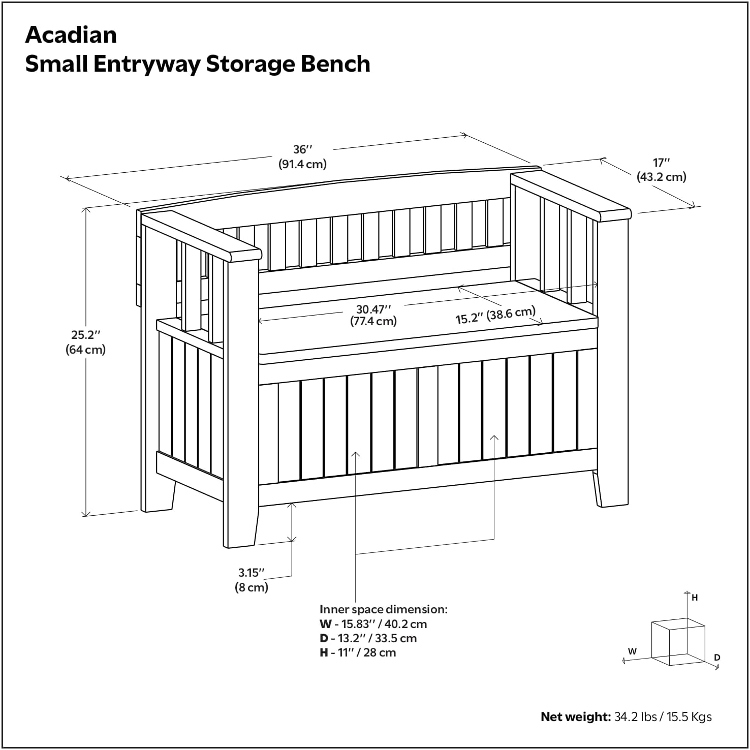 SIMPLIHOME Acadian 2-Seater Storage Bench and Cabinet Set in Brunette Brown
