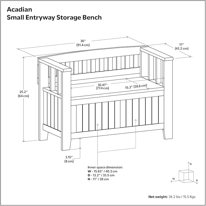 SIMPLIHOME Acadian Entryway Storage Bench - 36 inch Wide Solid Wood Small Hallway Seat in Black, Transitional Bench for Mudroom or Entryway with Lift-Up Lid, 2 Compartments and Slatted Backrest