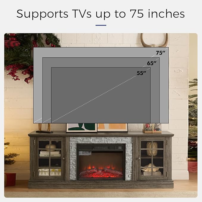 TV Stand with Electric Fireplace & Storage Cabinet, Entertainment Center with 2 Glass Door, Faux Stone Media Console Table for Living Room (Grey,70" with Fireplace)