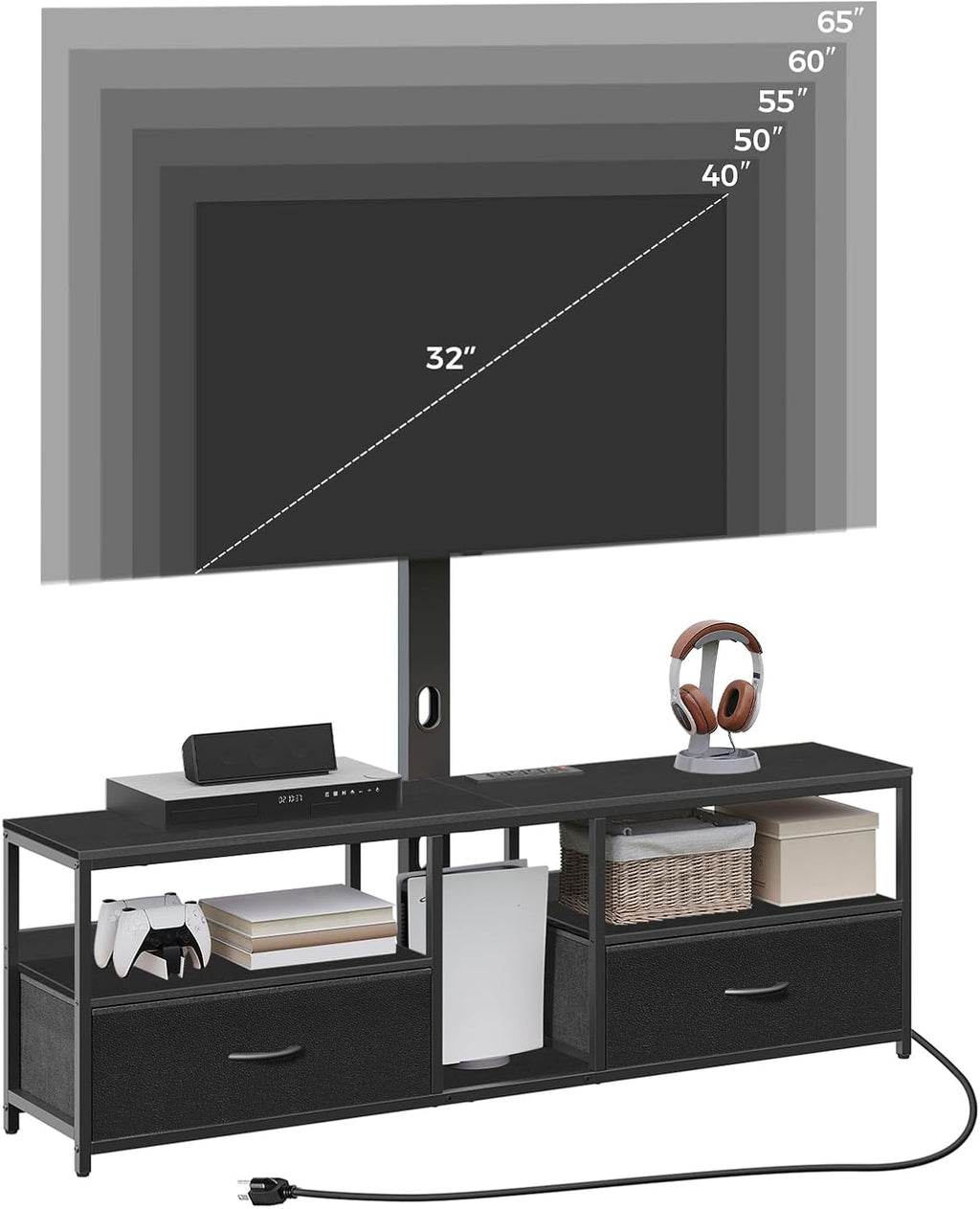 MAHANCRIS TV Stand with Mount for up to 75", Entertainment Center with Switch-Controlled Charging Station, Swivel TV Stand Mount with Fabric Drawers, for Living Room, Black TVBK154E01N2