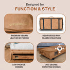 Premium Vegan Leather Under Bed Storage with Wheels | Low Profile Rolling Storage Box with Metal Frame | Pull-Out Underbed Organizer for Clothes, Shoes & Books | Space-Saving Storage Solution