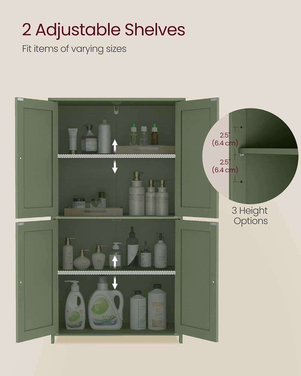 VASAGLE Floor Storage Cabinet, 2 Adjustable Shelves, 4 Doors,42.7" H