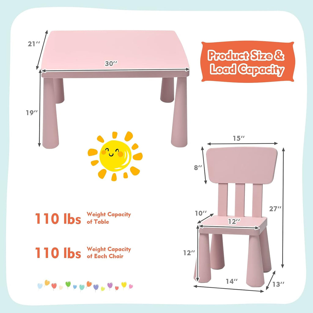 Toddler Table and Chair Set, Plastic Kid Activity Table & 2 Chairs, 3-Piece Children Playroom Furniture Set for Reading, Writing & Painting, Kids Table and Chair Set for Age 3-7 (Pink)