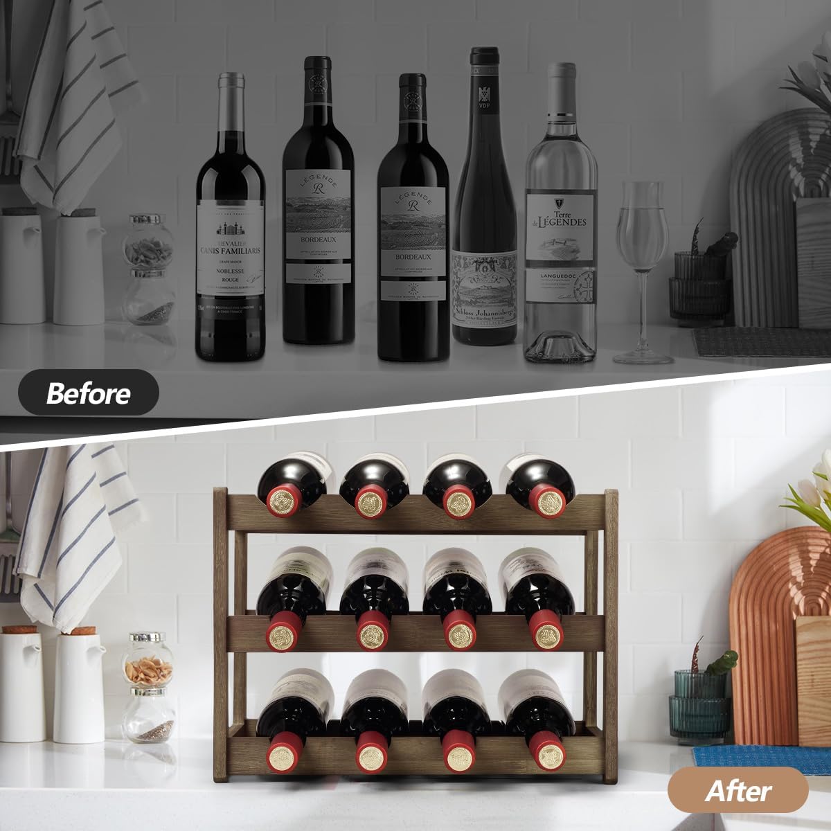Bamboo Wine Rack, Sturdy and Durable Wine Storage Cabinet Shelf, Wine Racks Countertop for Pantry - 3 Tiers 12 Bottle Wine Rack, Moca