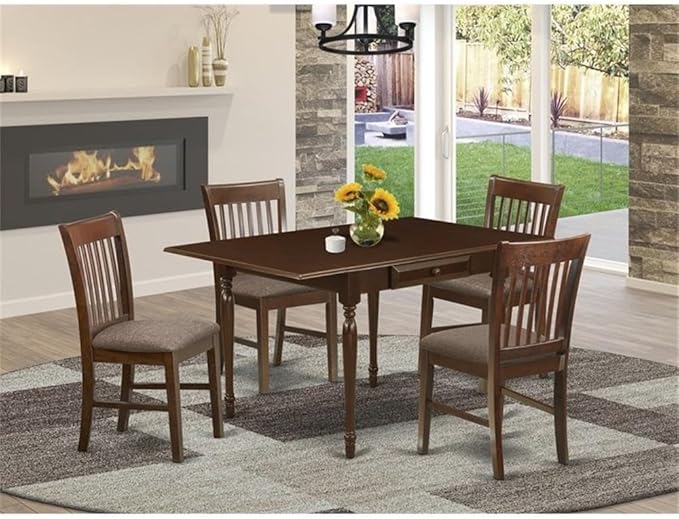 East West Furniture MZNO5-MAH-C 5 Piece Modern Dining Table Set Includes a Rectangle Wooden Table with Dropleaf and 4 Linen Fabric Dining Room Chairs, 36x54 Inch, Mahogany