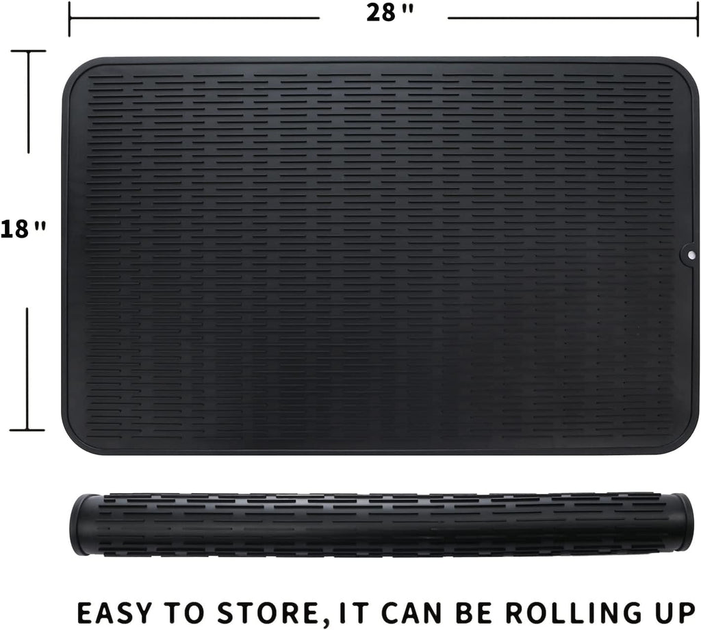 Silicone Dish Drying Mat for Multiple Usage,Easy clean,Eco-friendly,Heat-resistant Silicone Mat for Kitchen Counter or Sink,Refrigerator or Drawer Liner Black 3XL 28 inches x 18 inches