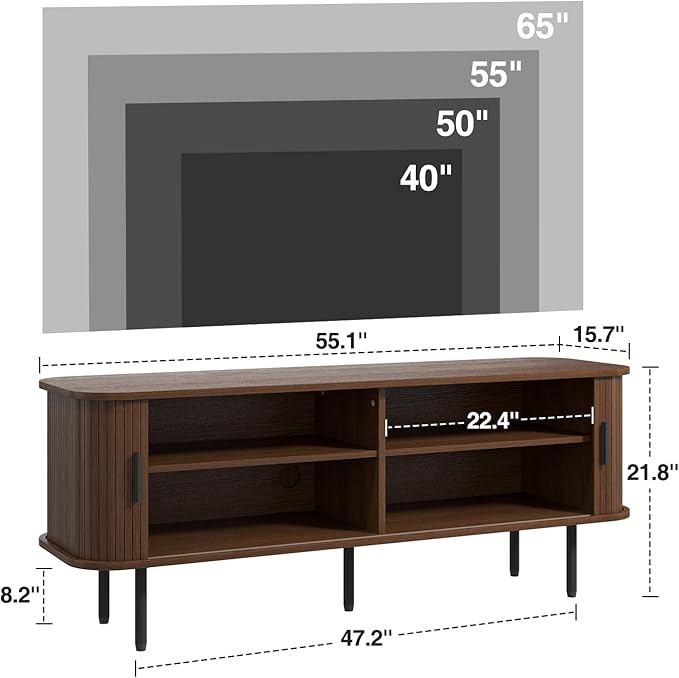 55''W Modern TV Stand Cabinet with Storage for TVs up to 60 Inch, Fluted TV Entertainment Center with Slatted Tambour Doors, Media Console for Living Room, Entryway, Walnut