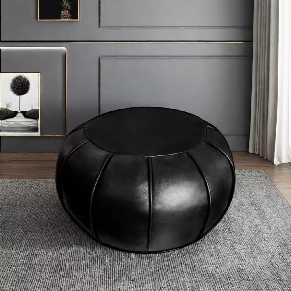 Louis Donné Round Unstuffed Faux Leather Pouf Ottoman Cover, Portable Indoor Outdoor Foot Rest Cover with Invisible Zipper, Sturdy Footstool Cushion Case for Home Patio Balcony Daily Use, Cover Only
