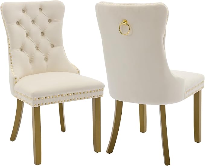 Velvet Dining Chairs Set of 2, Kitchen & Dining Room Chairs, Upholstered Dining Chairs with Back Ring Pull and Golden Solid Wood Legs, Modern Tufted Kitchen Chairs for Dining Room, Cream