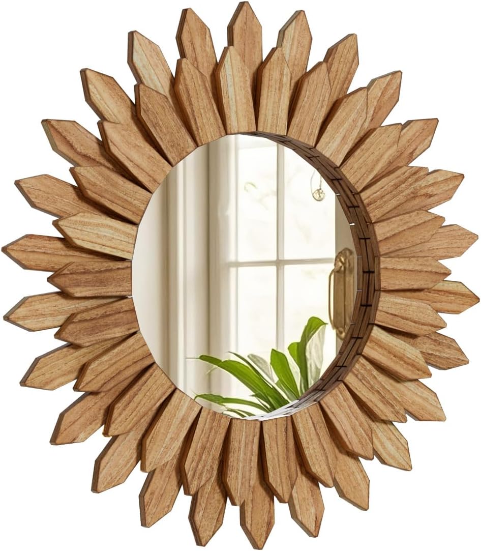 20" Round Sunburst Wooden Mirror Boho Rustic Wall Decor