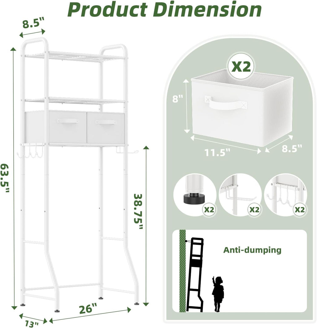 Simple Trending Over The Toilet Storage Rack with Drawers, Metal 3 Tier Bathroom Organizer Shelf with Paper Holder and 3 Hooks, White