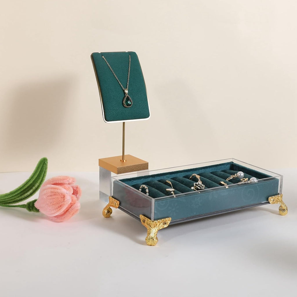 GemeShou Green necklace holder small jewelry stand, Velvet necklace display stand for selling, metal jewelry organizer necklace hanger【Green】