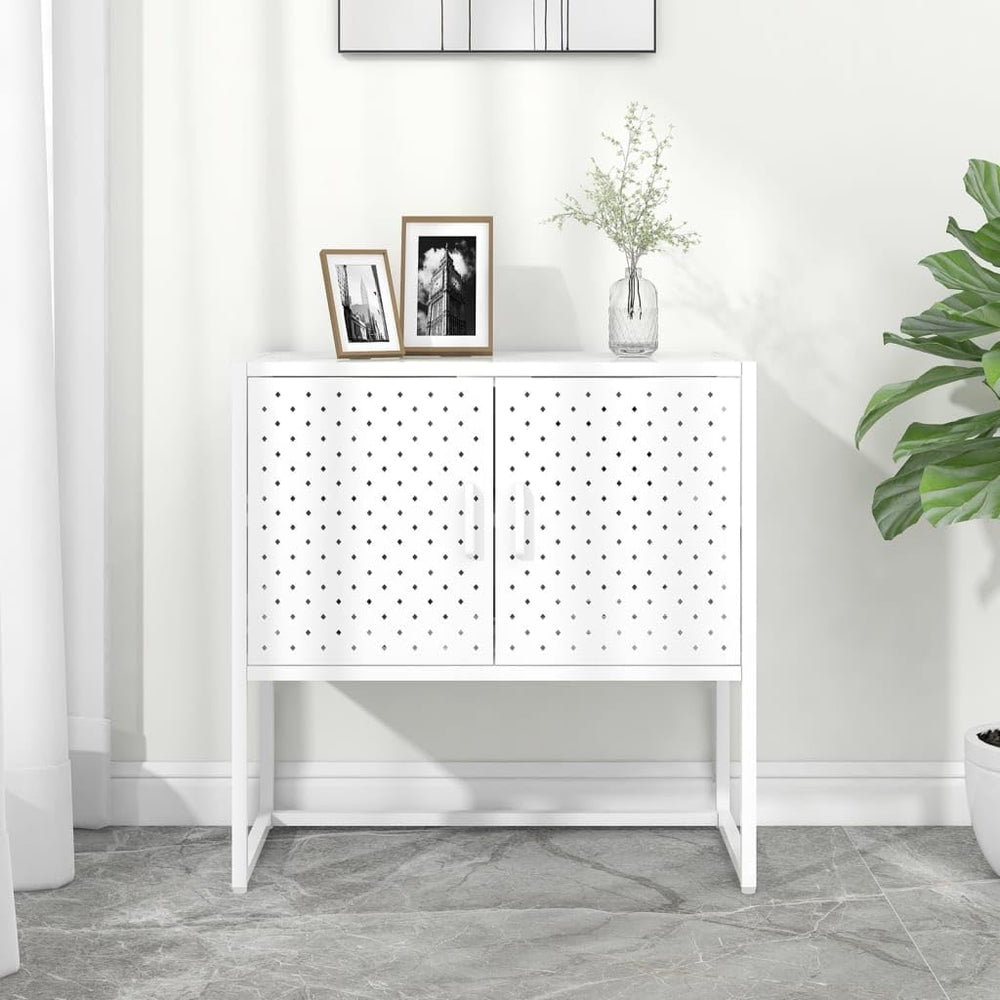 White Steel Sideboard with Adjustable Levelers, Modern Rectangular Storage Ca...