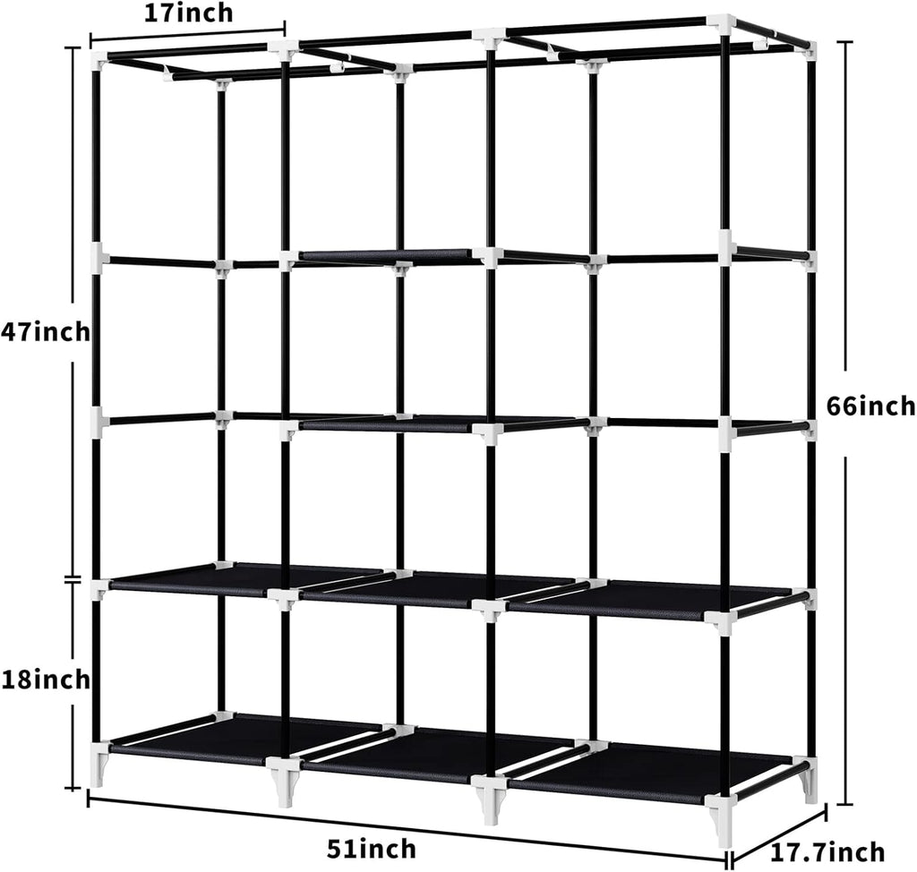 Portable Closet, 51 Inch Wardrobe Closet for Hanging Clothes with 2 Hanging Rods, 8 Storage Organizer Shelves for Bedroom, Durable and Easy to Assemble, Black