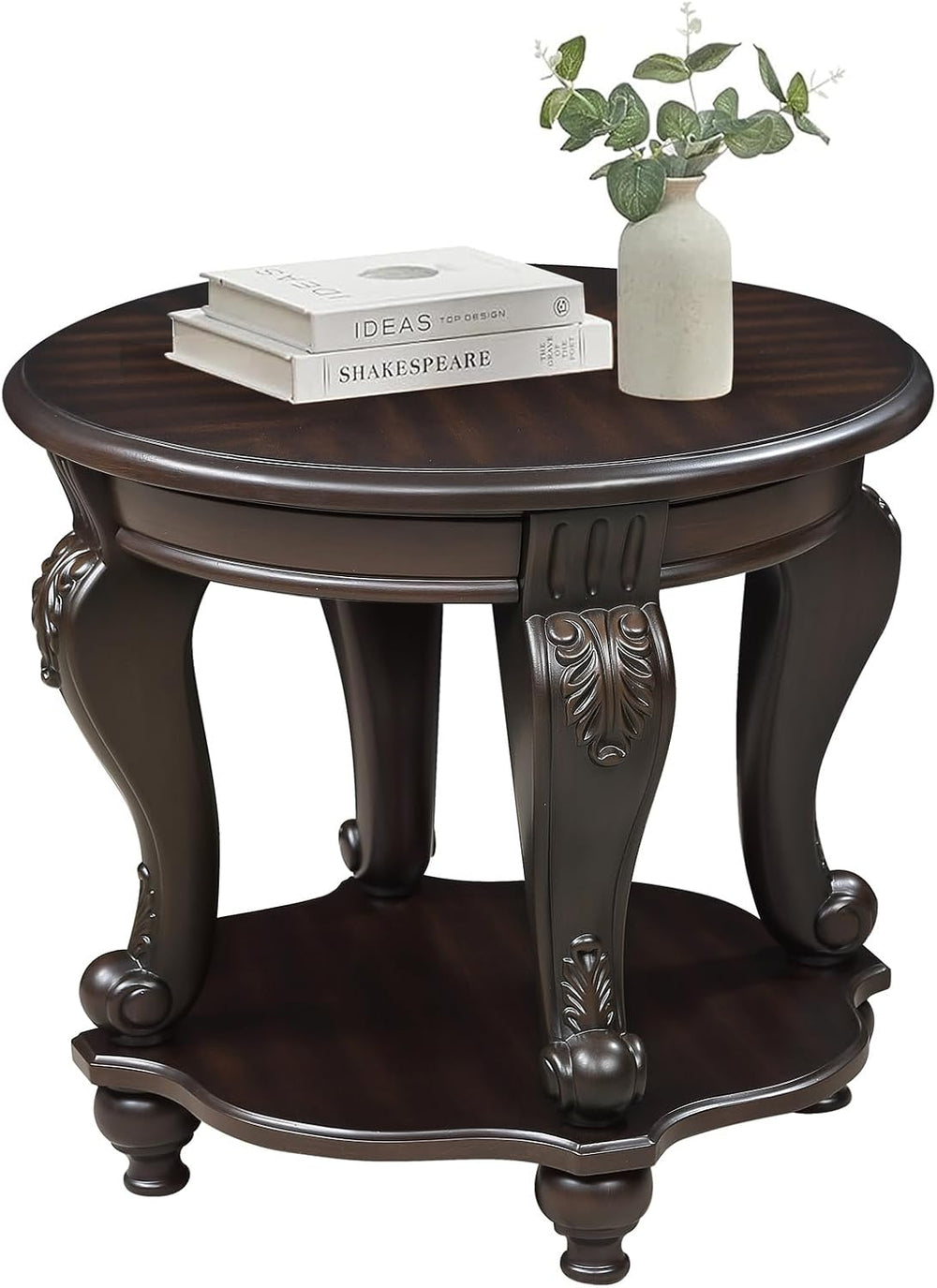 22'' Round End Table Solid Wood Sofa Side Table with Storage Shelf, L...