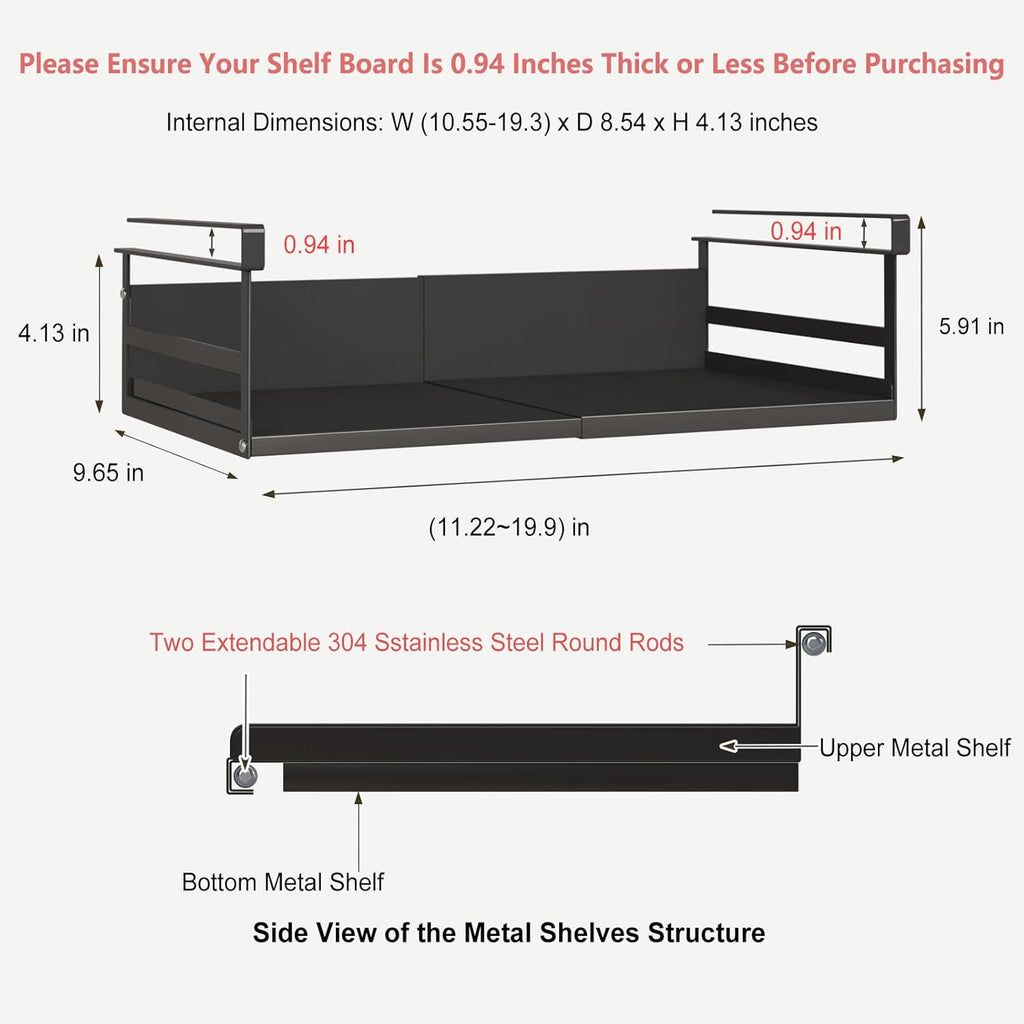 Expandable Under Cabinet Shelf Organizer with 0.94-Inch Thick Clips, Heavy Duty Extendable Under Shelf Storage Basket for Pantry or Laundry Room, Black, 1 Pack, Interior: 4.13" H x 8.54" D
