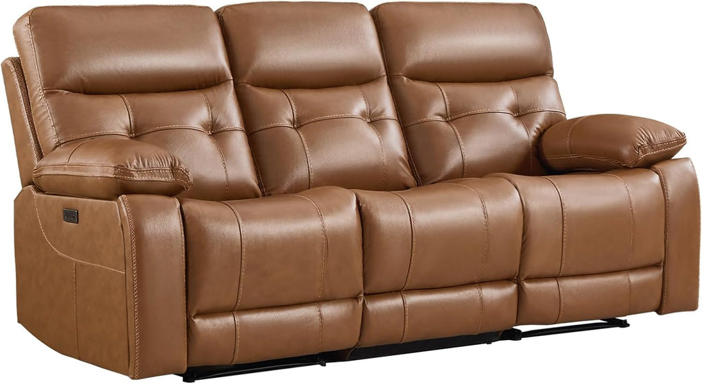 Genuine Leather Power Recliner Sofa,3 Seater Reclining Sofa with Comfortable Arms and Back,Modern Electric Recliner Couch Set with Hidden Cup Holders,USB Port for Living Room,Brown