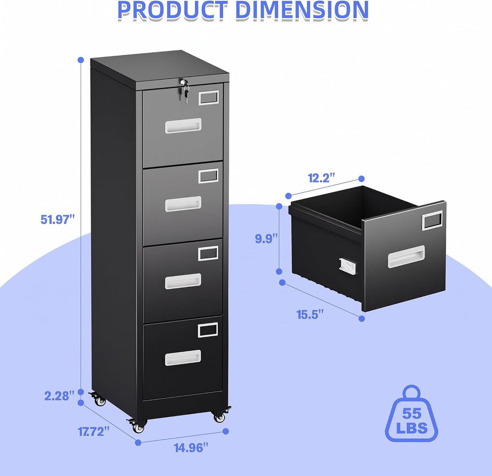 METAN 4 Drawer Metal File Cabinet with Lock, Mobile Heavy Duty Steel Filing C...