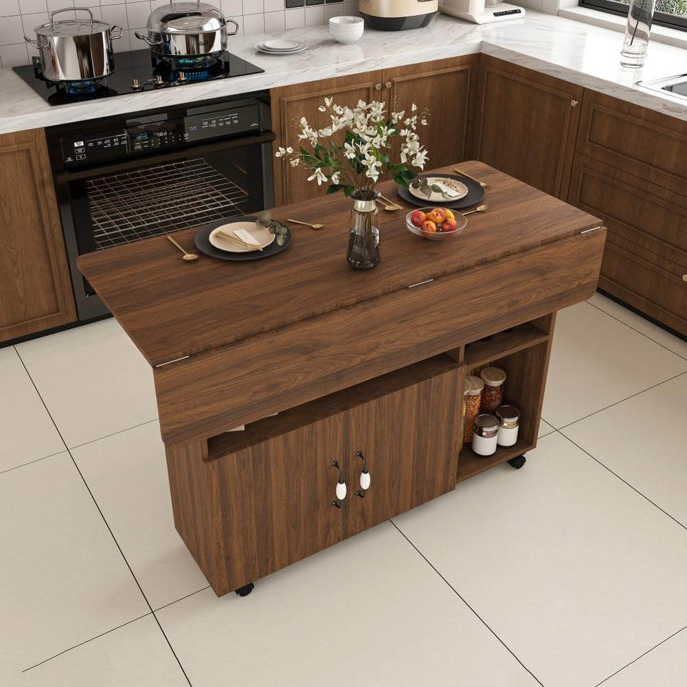 Folding Dining Table with Wheels, Drop Leaf Dinner Table with 2-Layer Storage...