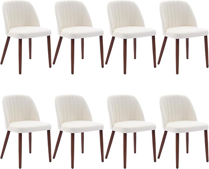 Wooden Dining Chairs Set of 8, Upholstered Kitchen Dining Room Chairs with Padded Seat and Wood Legs, Modern Fabric Side Dinner Chair for Kitchen, Dining Room, Restaurant, Cafe, Beige